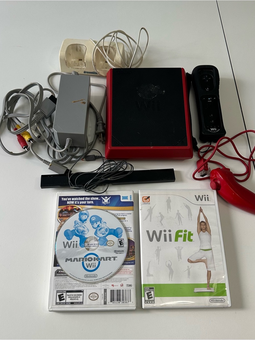 Nintendo Wii Mini Red Video Game Console w/ Remote, Mario Kart, Wii Fit